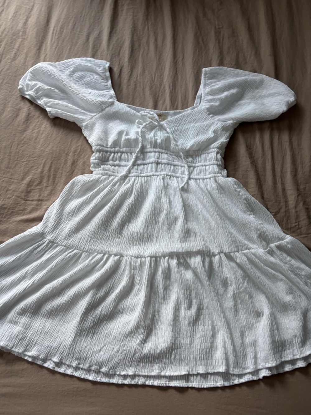 White Puff-Sleeve Kids Dress with Smocked Waist
